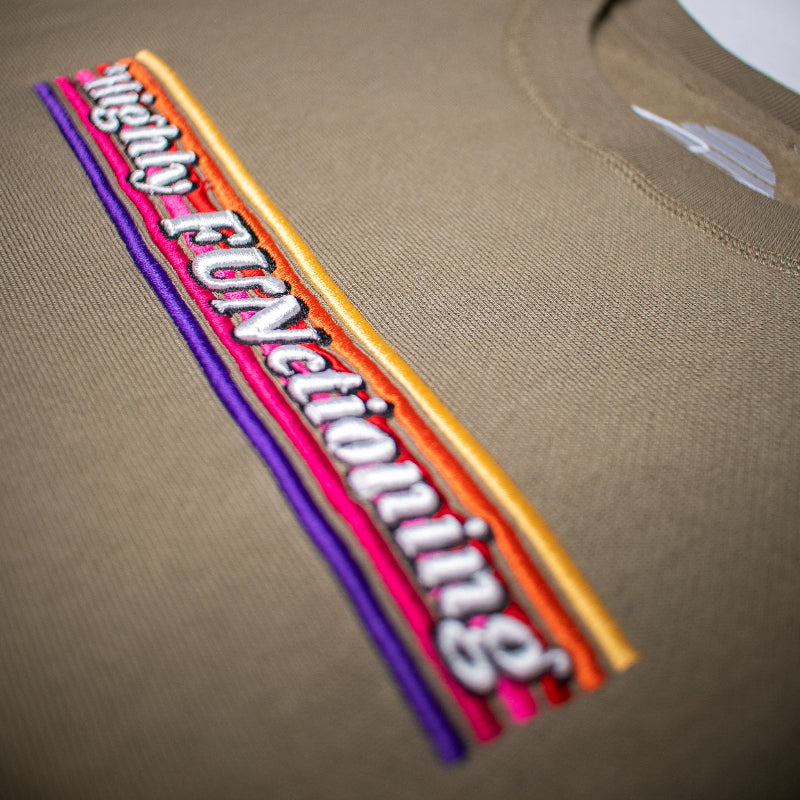 Colorful embroidered text design that reads, 'Highly FUNctioning' on an olive green sweatshirt.